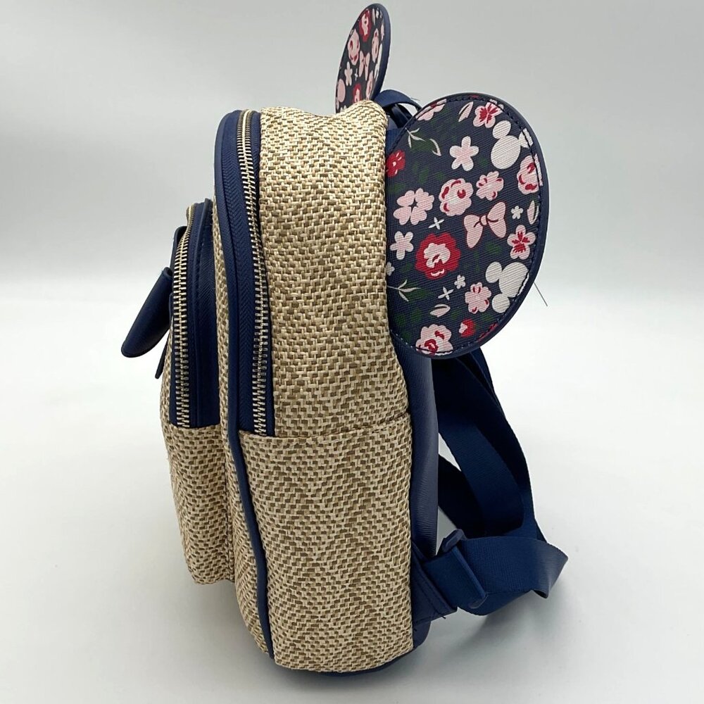 Bioworld Disney Minnie Mouse Floral Ears Woven Mini Backpack Navy Trim NWT - Picture 4 of 10
